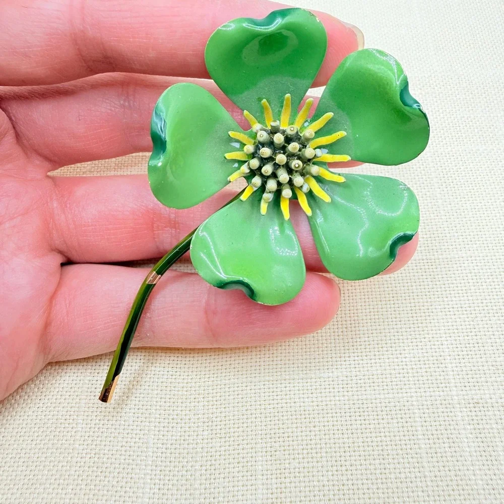 Vintage Retro 60s Oscar Charlin Green Enamel Flower Brooch